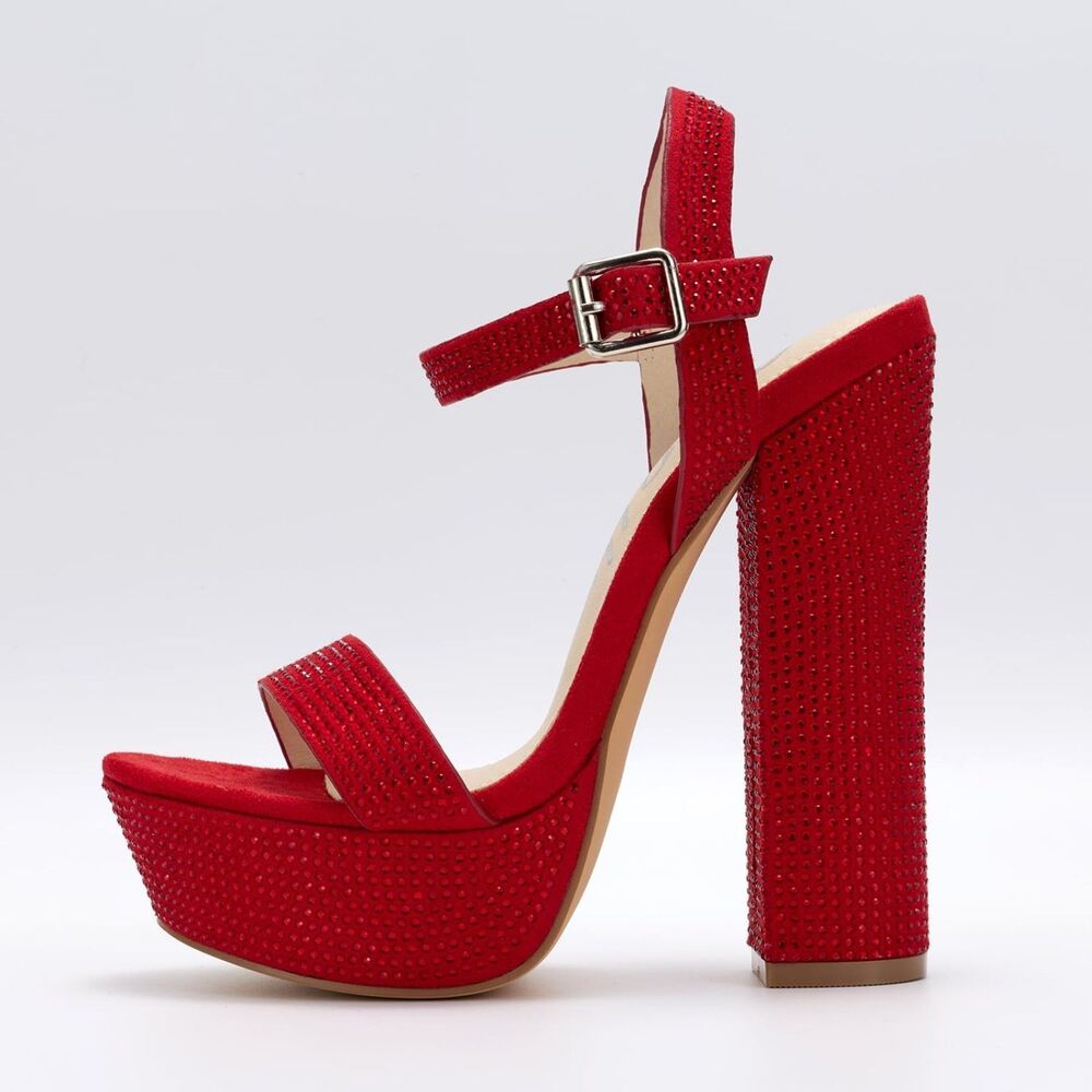 Women's Rhinestone Platform Heels Ankle Strap, Red, Size 8.5 - Picture 5 of 8